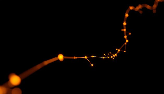 Abstract glowing orange digital network flowing on black background dots