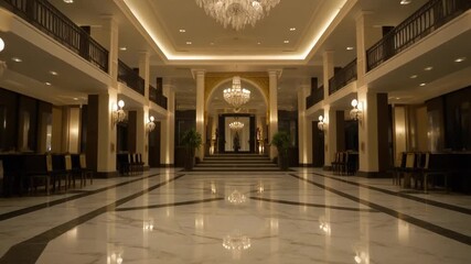 Elegant Hotel Lobby with Marble Floors and Chandelier Lighting.