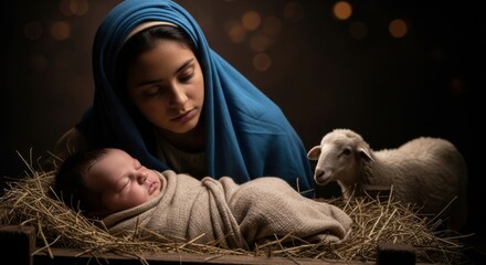Woman, Mary, watches over baby Jesus in a humble manger on hay. Biblical Nativity scene for depiction of Christmas and Christianity.