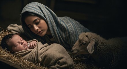 Woman with baby Jesus in manger, and lamb. Christian nativity scene, religious Christmas holiday concept.
