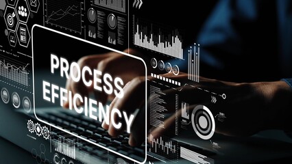 Hands Typing on Keyboard with Digital Graphics Representing Process Efficiency and Data Analysis in Modern Workplace Environment. Asymptotic smart data analytic.