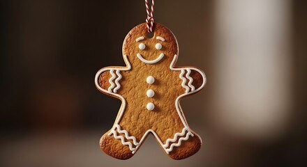 This charming gingerbread man cookie, intricately decorated and gently suspended, perfectly embodies the sweet spirit and festive joy of the Christmas holiday season.