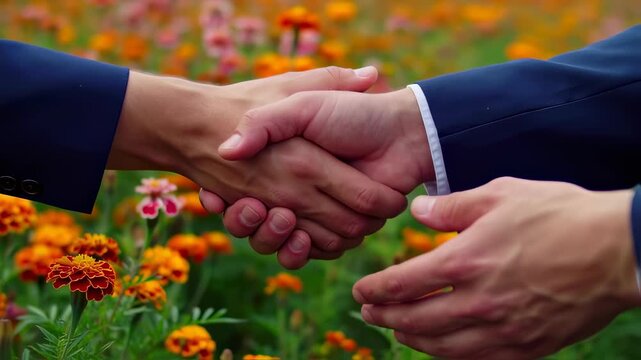 Two people shaking hands in a field of flowers.
