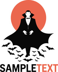 Minimalist vampire silhouette logo with bats and red moon, elegant gothic Halloween design template for spooky branding, posters and horror themed projects