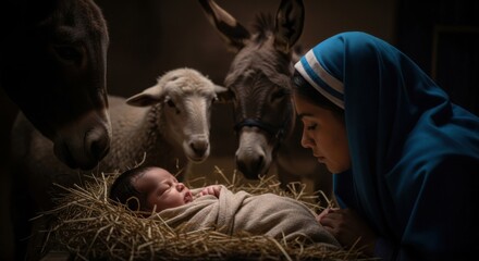 Nativity scene with woman watching a newborn baby, surrounded by farm animals. Christian Christmas faith and spirituality concept.