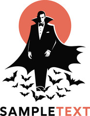 Minimalist vampire silhouette logo with bats and red moon, elegant gothic Halloween design template for spooky branding, posters and horror themed projects