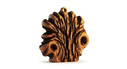 A captivating 3D render of an abstract wooden carving, displaying intricate organic textures and decorative holes, perfectly isolated on a pristine white background.