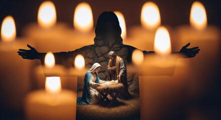 Silhouette of Jesus with open arms embracing Mary and Joseph with baby Jesus in manger. Catholic Christmas nativity scene framed by bokeh lights.
