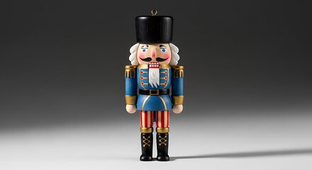 A classic wooden nutcracker soldier figurine, adorned in a festive blue uniform and black hat, stands upright against a simple background.