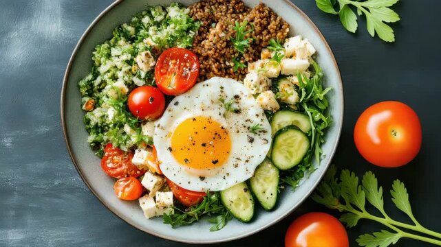Fried egg atop grain bowl with tomato cucumber parsley arugula for fresh mediterranean salad