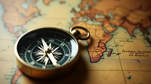 Spinning compass on world map background. Vintage travel and navigation footage.