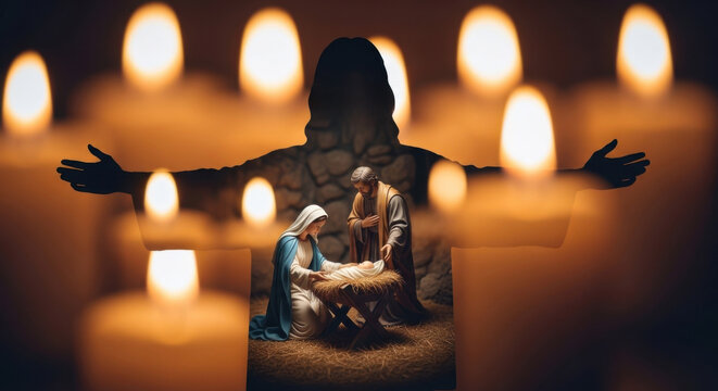 Silhouette of Jesus with open arms embracing Mary and Joseph with baby Jesus in manger. Catholic Christmas nativity scene framed by bokeh lights. - Powered by Adobe