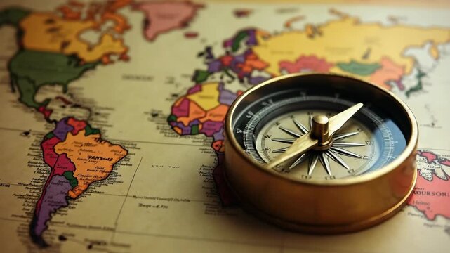 Spinning compass on world map background. Vintage travel and navigation footage.