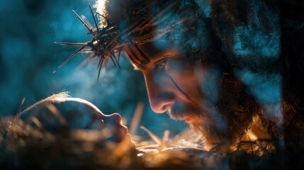 Man with crown of thorns looking at newborn baby. Religious scene depicting birth of Jesus. Christian bible story concept.