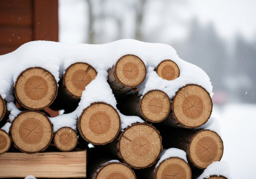 Stacked firewood logs covered in winter snow
