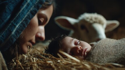 Woman, a mother, looking tenderly at baby Jesus in manger with sheep in stable. Nativity scene and Christmas concept.