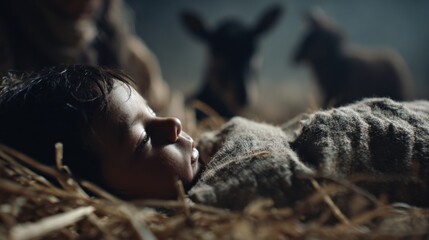 Baby boy Jesus lying in a manger on straw, wrapped in cloth. The birth of Jesus Christ, nativity scene for Christmas story.