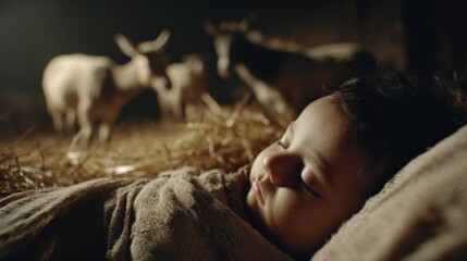 Baby jesus sleeping in a manger with straw in a stable with blurred animals in the background, a Christian Christmas story concept.