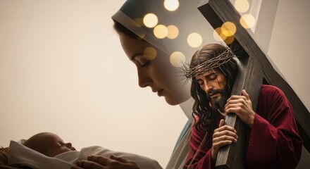 Virgin Mary cradling baby Jesus beside adult Christ carrying the cross. Ethereal religious fusion of Nativity and Passion in soft glowing light for faith and devotion