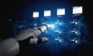 AI managing task workflow system, tracking document progress, analyzing productivity levels, and automating the status flow across structured project stages. Vouch