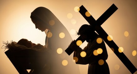 Woman Mary and baby Jesus in crib, man Jesus carrying cross. Life of Christ from birth to crucifixion, Christian concept for Easter.