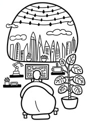 - Person working at computer with city skyline backdrop