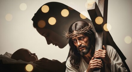 Silhouette of Jesus with crown of thorns carrying the cross beside Virgin Mary holding baby Jesus. Ethereal religious scene blending nativity and passion in soft glowing light