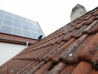 Schwarze Katze auf dem Ziegeldach