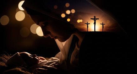 Woman as Mary with baby Jesus in manger under starry sky. Biblical story of nativity with three crosses symbolizing crucifixion. Christianity concept for Christmas.