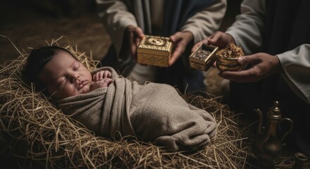 Adoration of the baby by three wise men. New born child in manger with kings offering gifts of frankincense, myrrh, gold. Christmas nativity scene for holiday card.