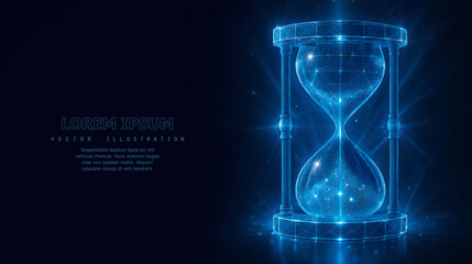 3d render digital hourglass timer. Vector illustration technology concept. Glowing blue low poly sand clock on dark background. Realistic three dimensional countdown 3D illustration. © Larisa