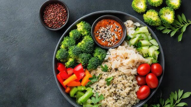Broccoli quinoa bowl with cherry tomato, bell pepper, cucumber and sesame sauce vibrant healthy bowl