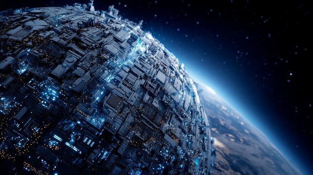 A massive, detailed structure orbits a planet, its intricate design contrasting with the blue and green earth below. Stars dot the background