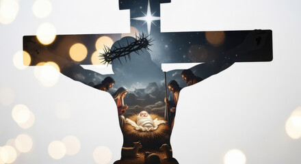 Cross silhouette with a nativity scene inside. Birth of Jesus with Mary, Joseph, baby and star. Religious Christmas concept.