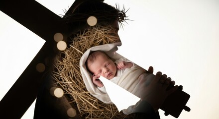 Silhouette of Jesus with crown of thorns holding a cross, overlaid with an image of a newborn baby. Christian faith and life concept.