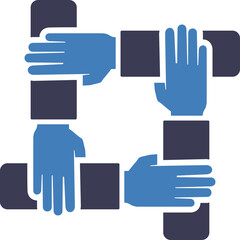 Four blue hands clasping dark blue sleeves forming a square symbolizing unity teamwork and partnership in a graphic design with transparent background