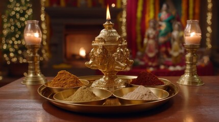 Decorative thali for Dussehra puja rests on a table, featuring vibrant sacred powders in bowls and a shining oil lamp. A warm ambiance sets the scene for spiritual reflection and celebration