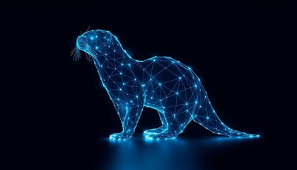 Blue geometric otter shape with glowing points on dark background image photo