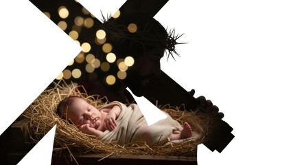 Newborn baby sleeping in manger with man bearing cross and crown of thorns. Christian nativity and passion story double exposure.