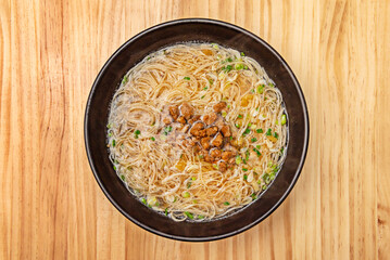 Wheat noodles with shrimp, bamboo shoots, water chestnuts, and hoisin sauce in authentic Cantonese style