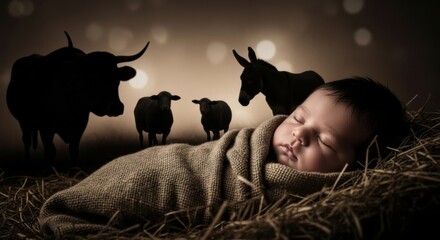 Baby Jesus sleeping in a manger. Nativity scene with silhouettes of animals. Biblical story and Christmas holiday concept.