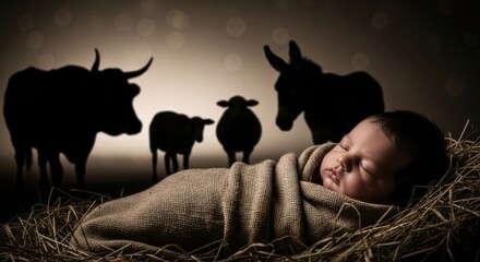 Newborn baby jesus wrapped in cloth asleep in manger with silhouette of farm animal standing in background. Christianity and Christmas holiday concept.