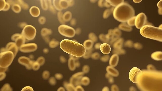 Extreme close-up of thousands of microscopic pollen grains slowly floating and gently colliding, abstract botanical and natural pollination background loop.