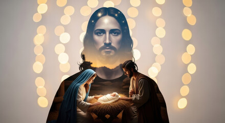 Image of Jesus Christ watching over Mary and Joseph with newborn baby from a manger. Biblical nativity scene concept for greeting card.