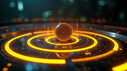 Technological background with digitally animated yellow circles with data and sphere in center rotating against dark background.
