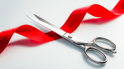 Silver scissors cutting through a vibrant red ribbon on a clean surface for a grand opening event