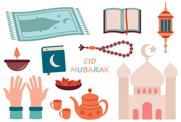 A set of illustrations for the Ramadan holiday on a white background.
