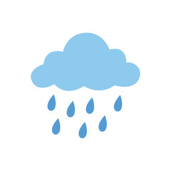 A blue cloud with raindrops falling from it on a white background.