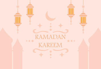 Colorful Ramadan Mubarak greeting card. Vector illustration of a festive poster with text, a crescent moon, and a mosque