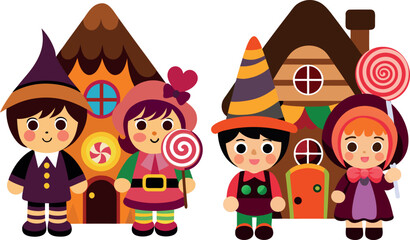 hansel and gretel cartoon, fairy tale illustration, children story vector, adorable brother sister artwork, fantasy kids poster, storybook character design, cute magical drawing, fairytale illustratio